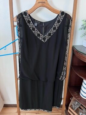 J Kara Black Sleeveless V-Neck Dress with Metallic Beaded Trim